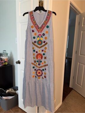 Embroidered V-Neck Sleeveless Cotton Maxi Dress in Blue Stripe